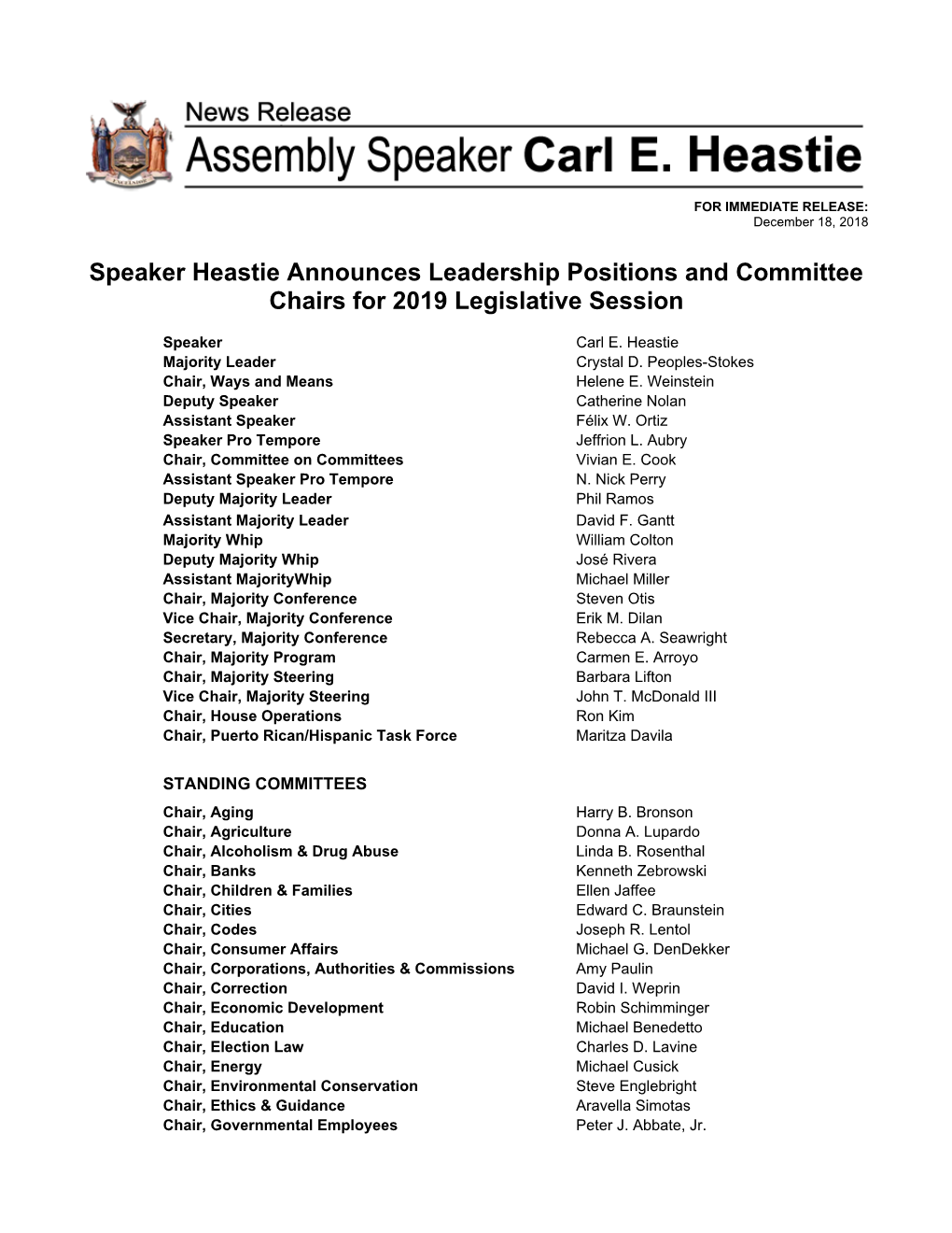 Speaker Heastie Announces Leadership Positions and Committee Chairs for 2019 Legislative Session