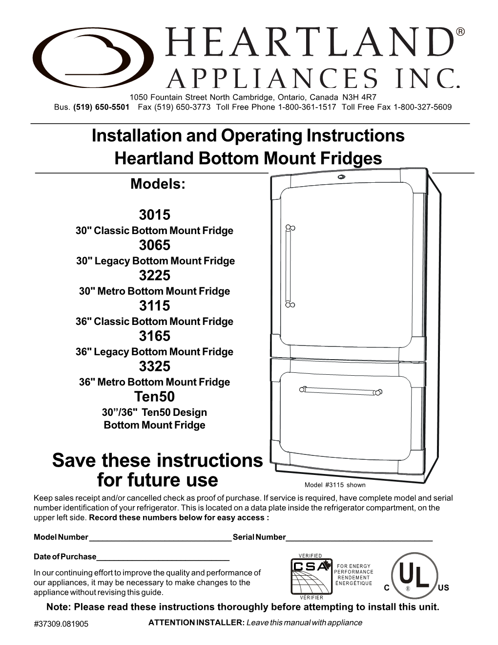 Installation and Operating Instructions Heartland Bottom Mount Fridges Models