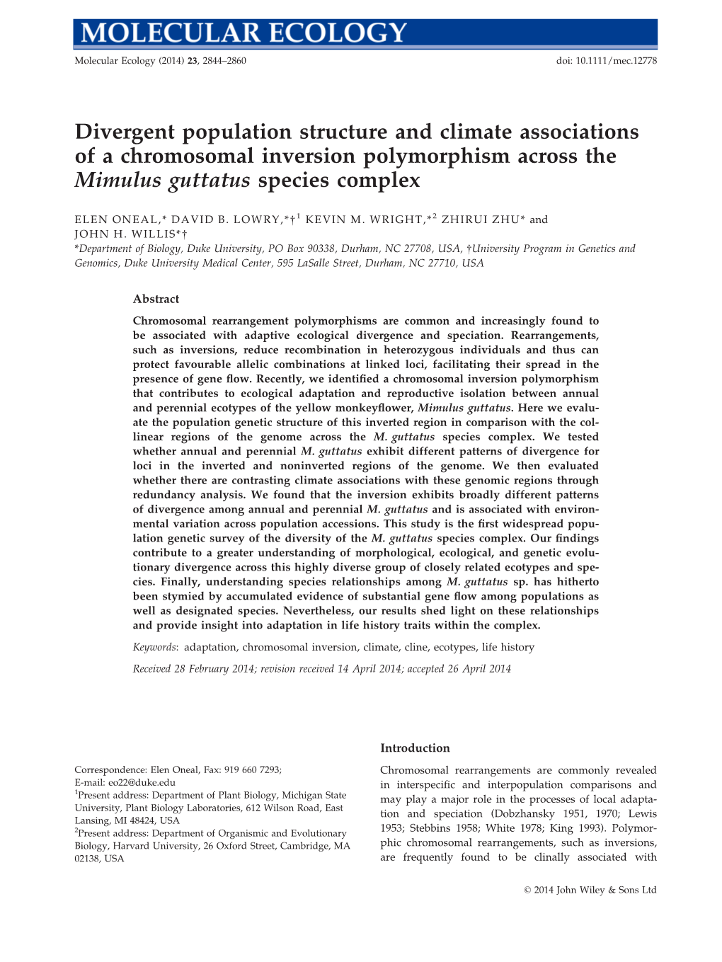 Oneal E, Lowry DB, Wright KM, Zhu Z, Willis JH. 2014. Divergent