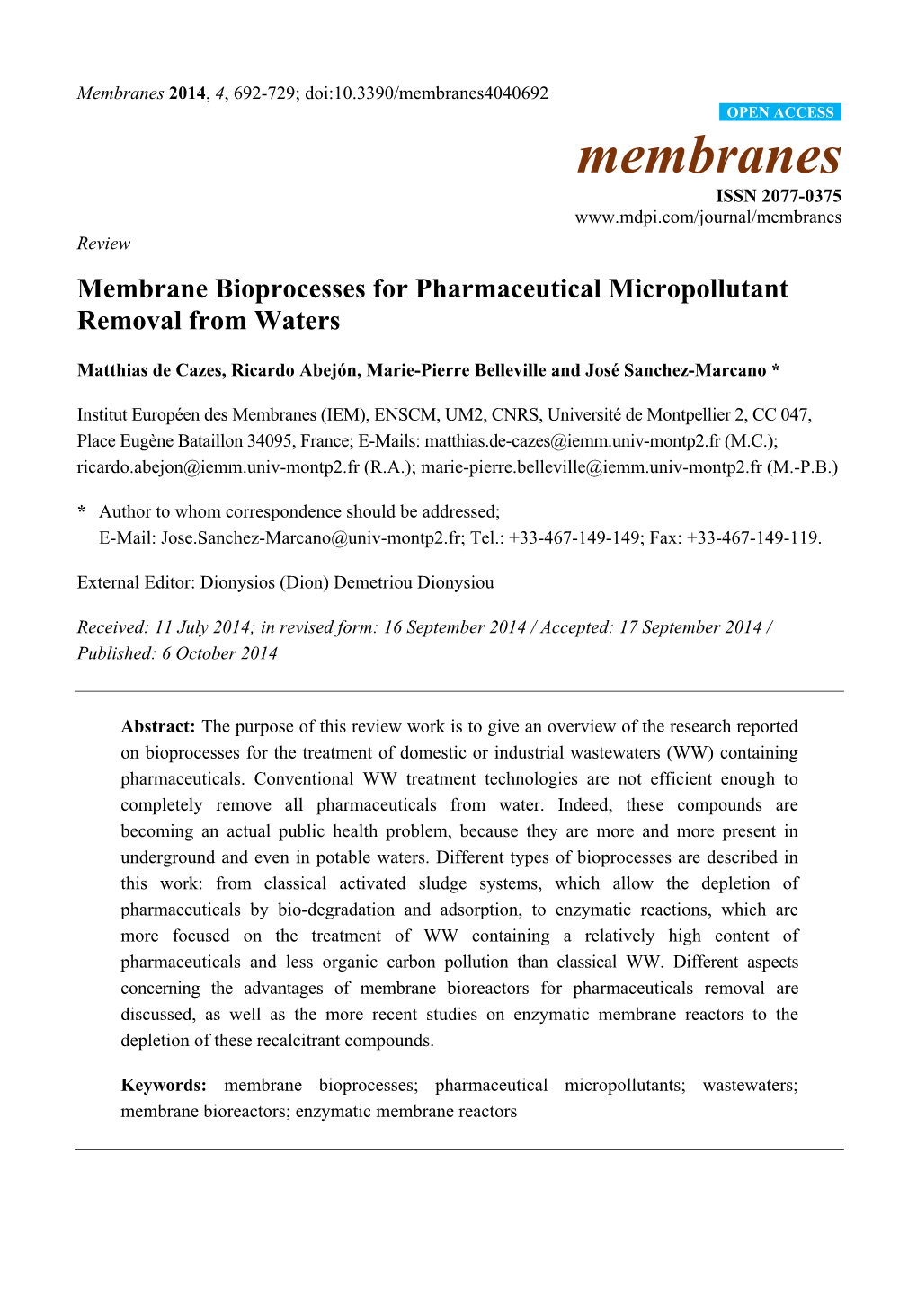 Membrane Bioprocesses for Pharmaceutical Micropollutant Removal from Waters