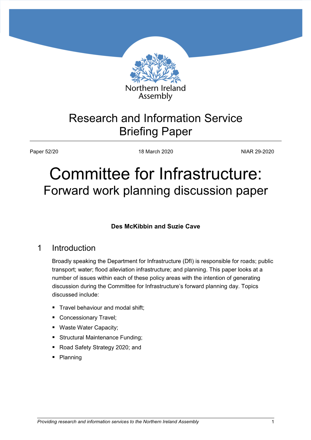 Committee for Infrastructure: Forward Work Planning Discussion Paper