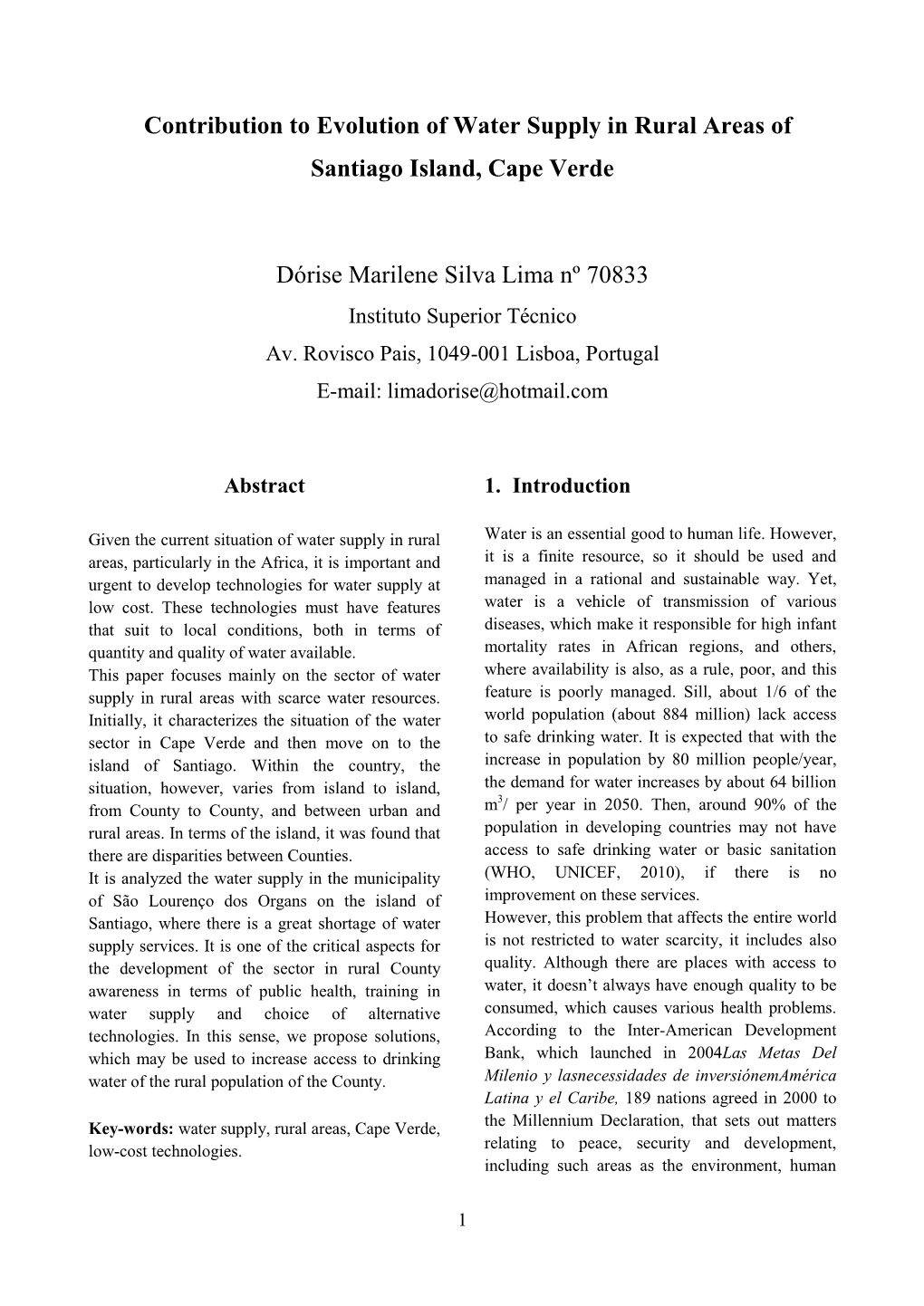 Contribution to Evolution of Water Supply in Rural Areas of Santiago Island, Cape Verde