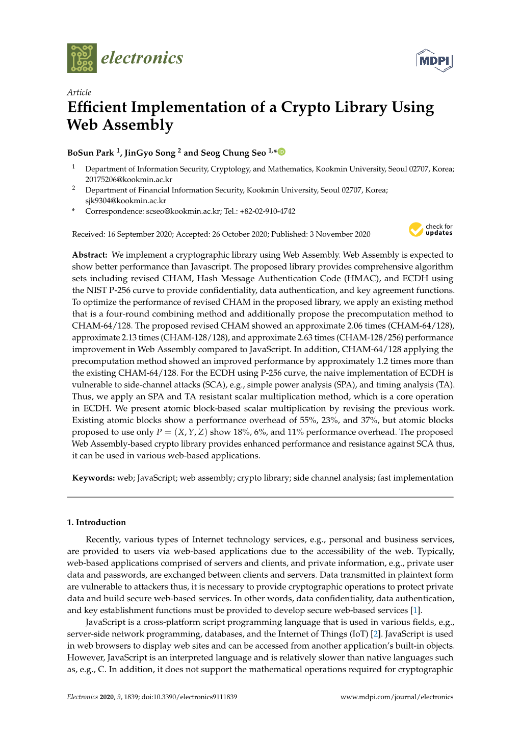 Efficient Implementation of a Crypto Library Using Web Assembly