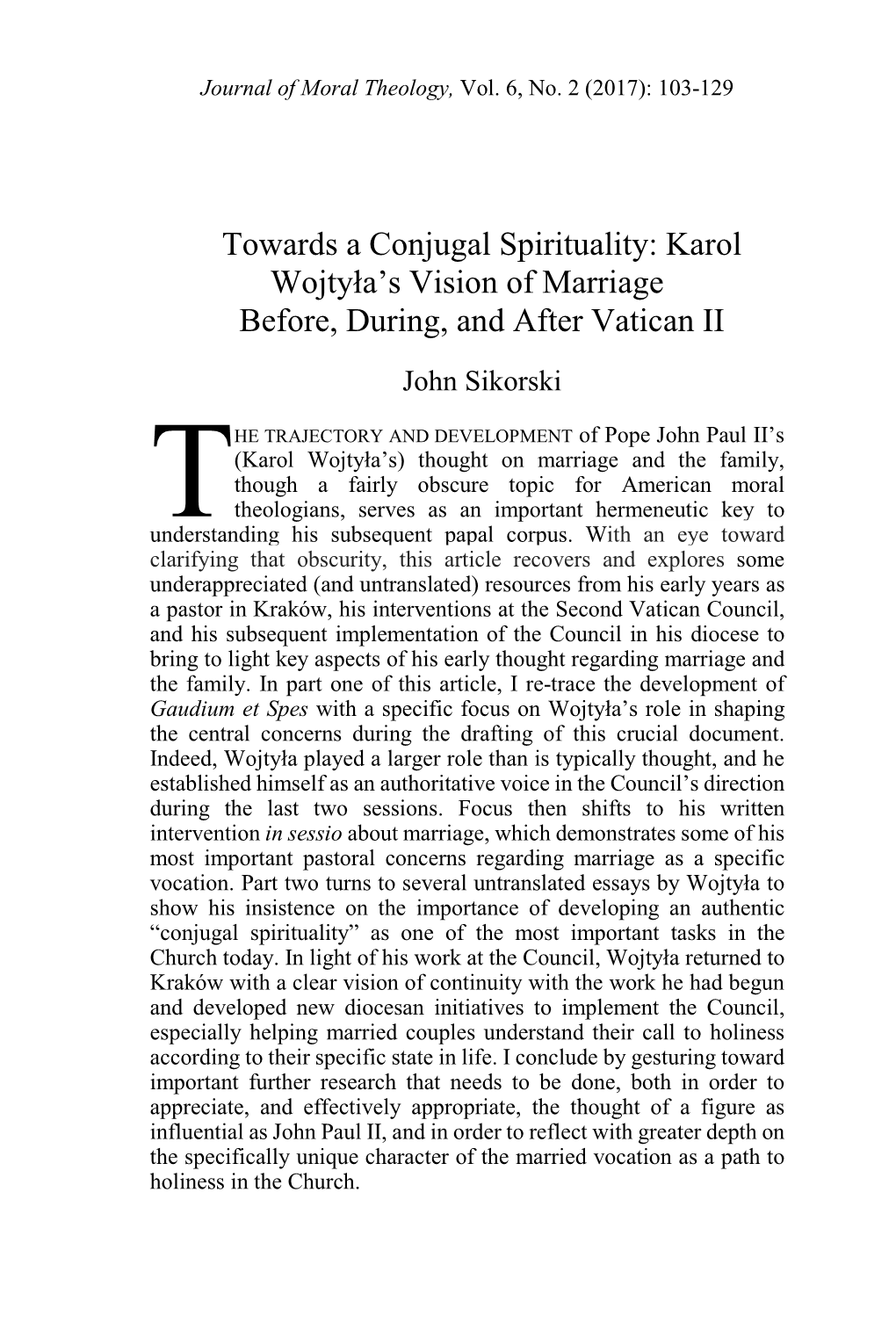 Towards a Conjugal Spirituality: Karol Wojtyła's Vision of Marriage Before