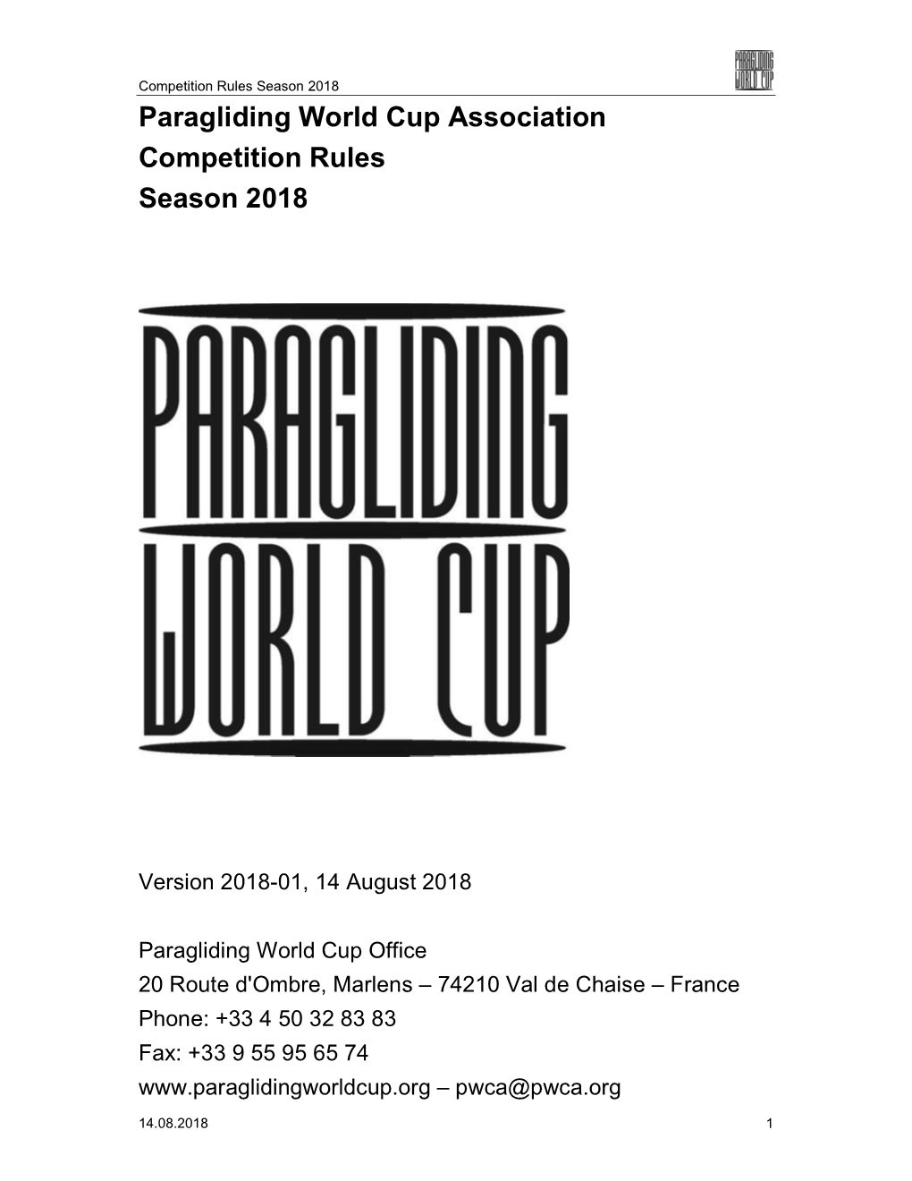 Paragliding World Cup Association Competition Rules Season 2018