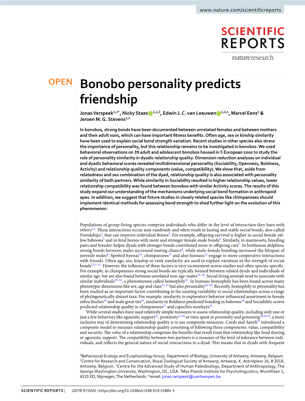 Bonobo Personality Predicts Friendship Jonas Verspeek1,2*, Nicky Staes 1,2,3, Edwin J