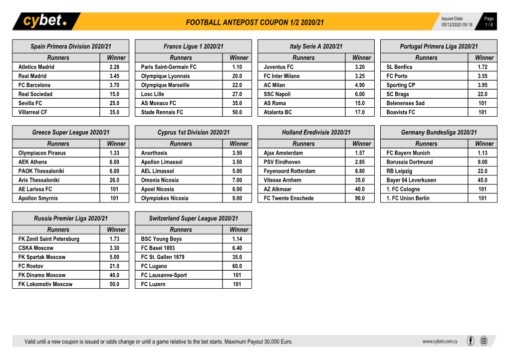 Football Antepost Coupon 1/2 2020/21 05/12/2020 09:18 1 / 6