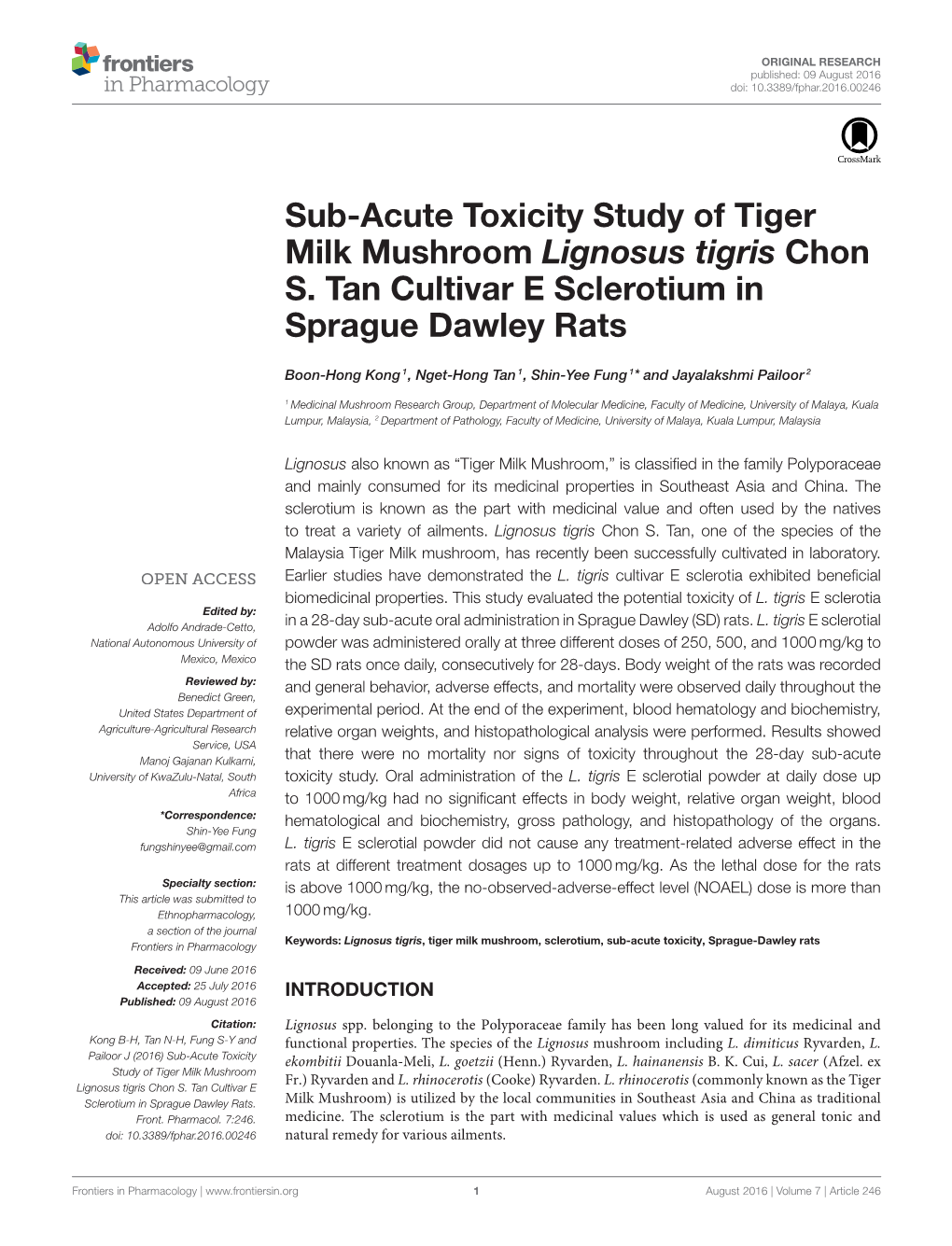 Sub-Acute Toxicity Study of Tiger Milk Mushroom Lignosus Tigris Chon S