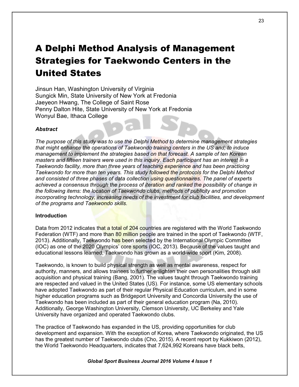 A Delphi Method Analysis of Management Strategies for Taekwondo Centers in the United States