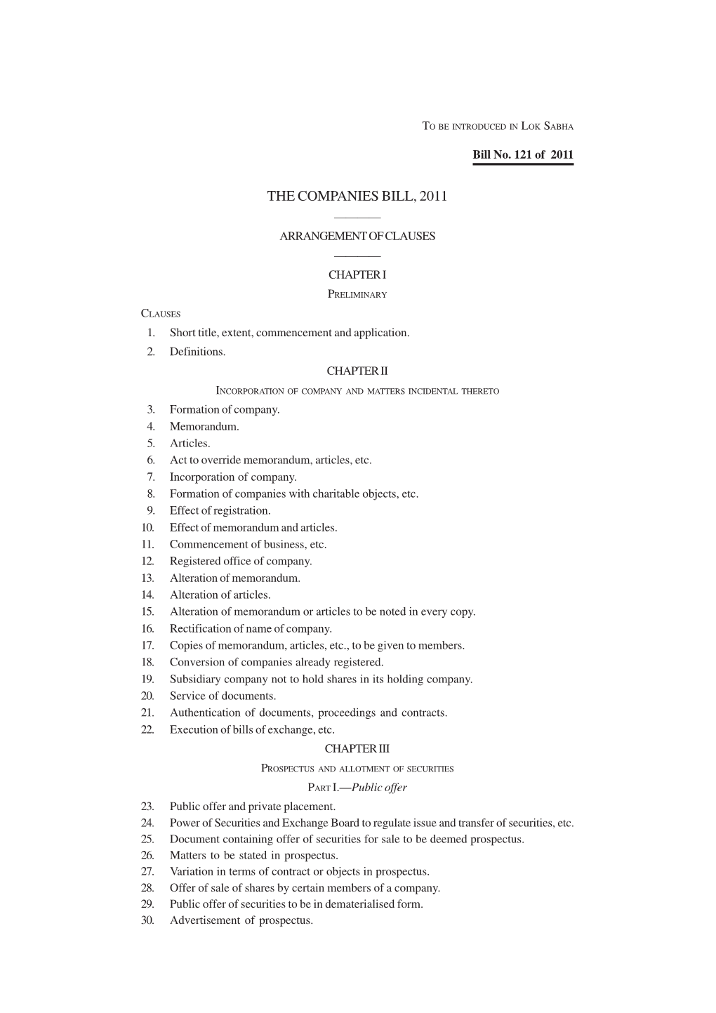 The Companies Bill, 2011 As Presented to the Parliament