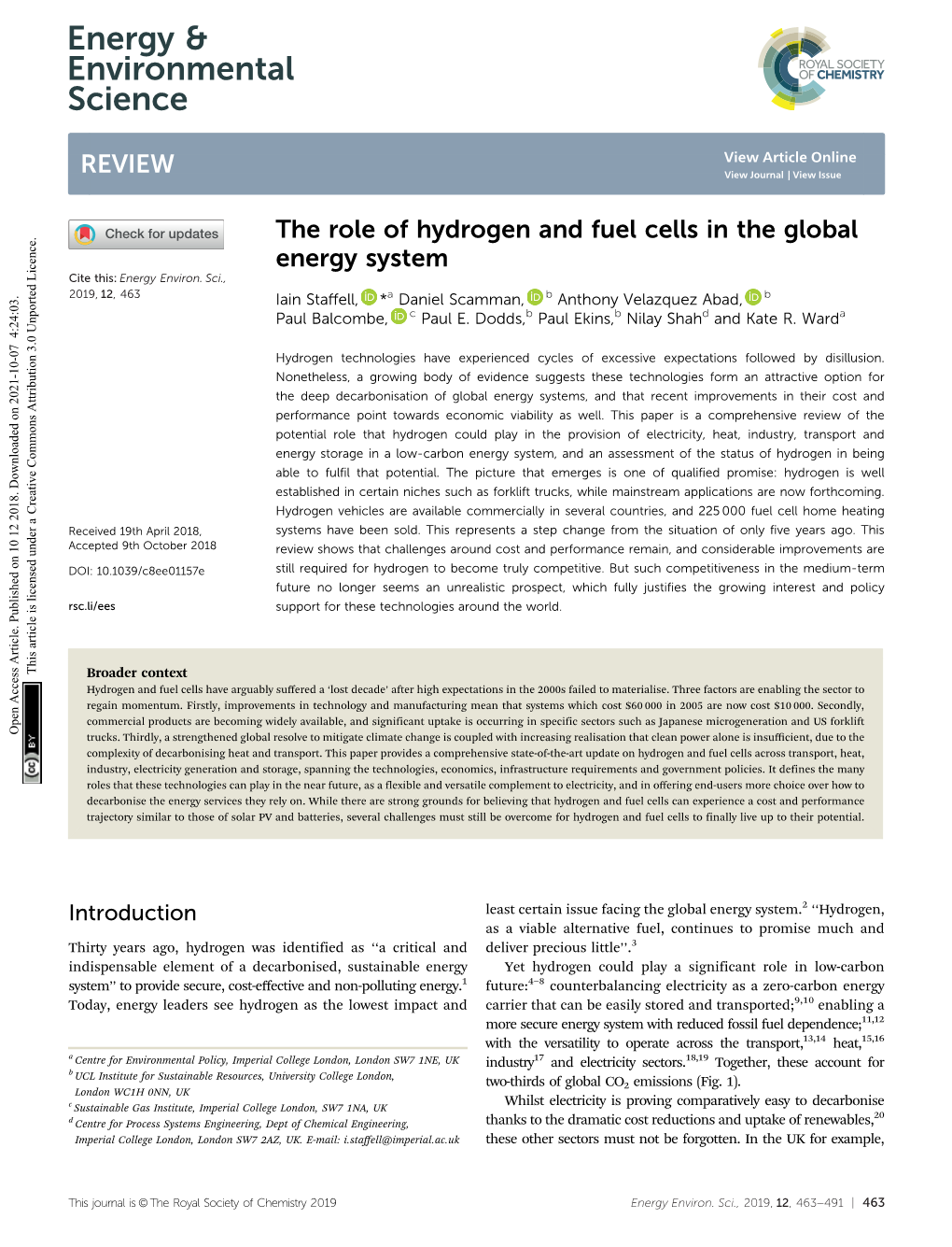The Role of Hydrogen and Fuel Cells in the Global Energy System Cite This: Energy Environ