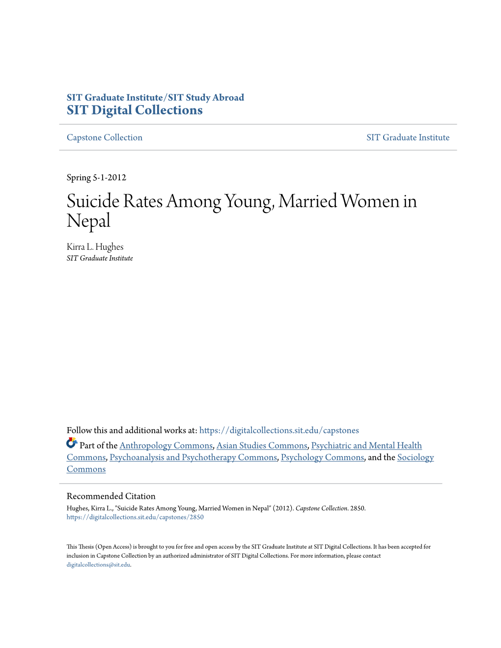 Suicide Rates Among Young, Married Women in Nepal Kirra L