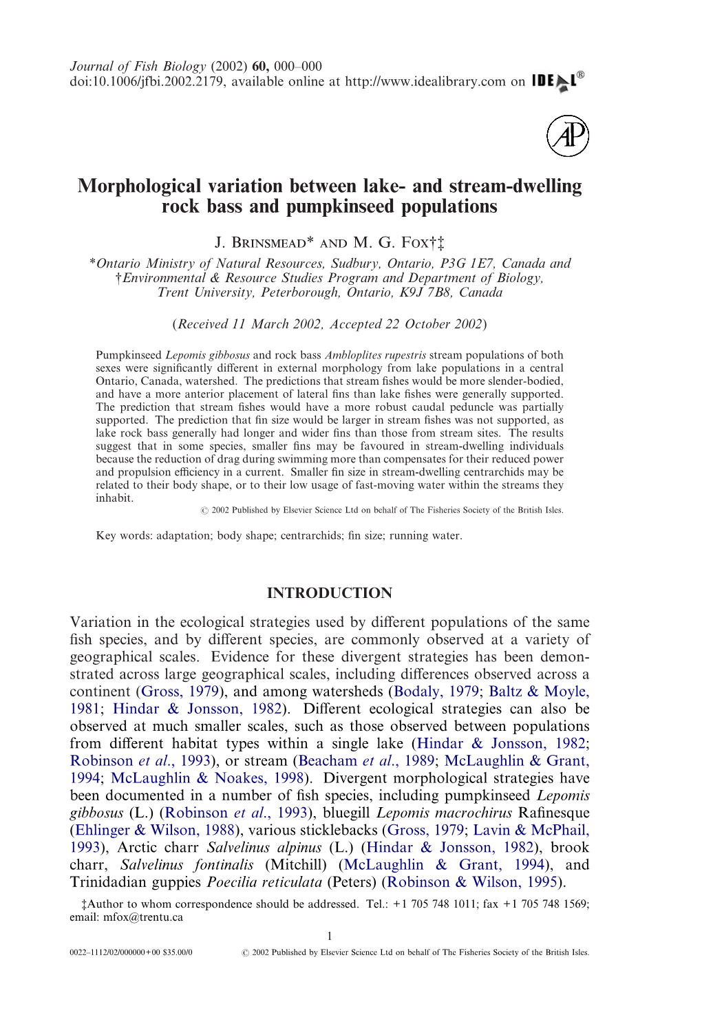 Morphological Variation Between Lake- and Stream-Dwelling Rock Bass and Pumpkinseed Populations