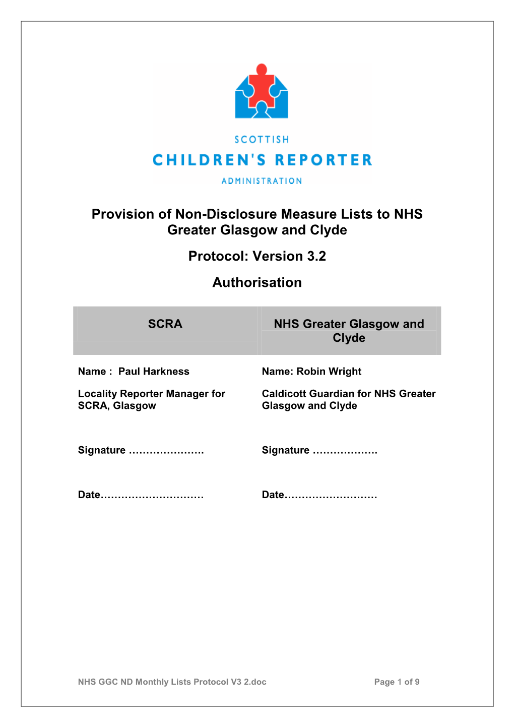 Provision of Non-Disclosure Measure Lists to NHS Greater Glasgow and Clyde Protocol: Version 3.2 Authorisation