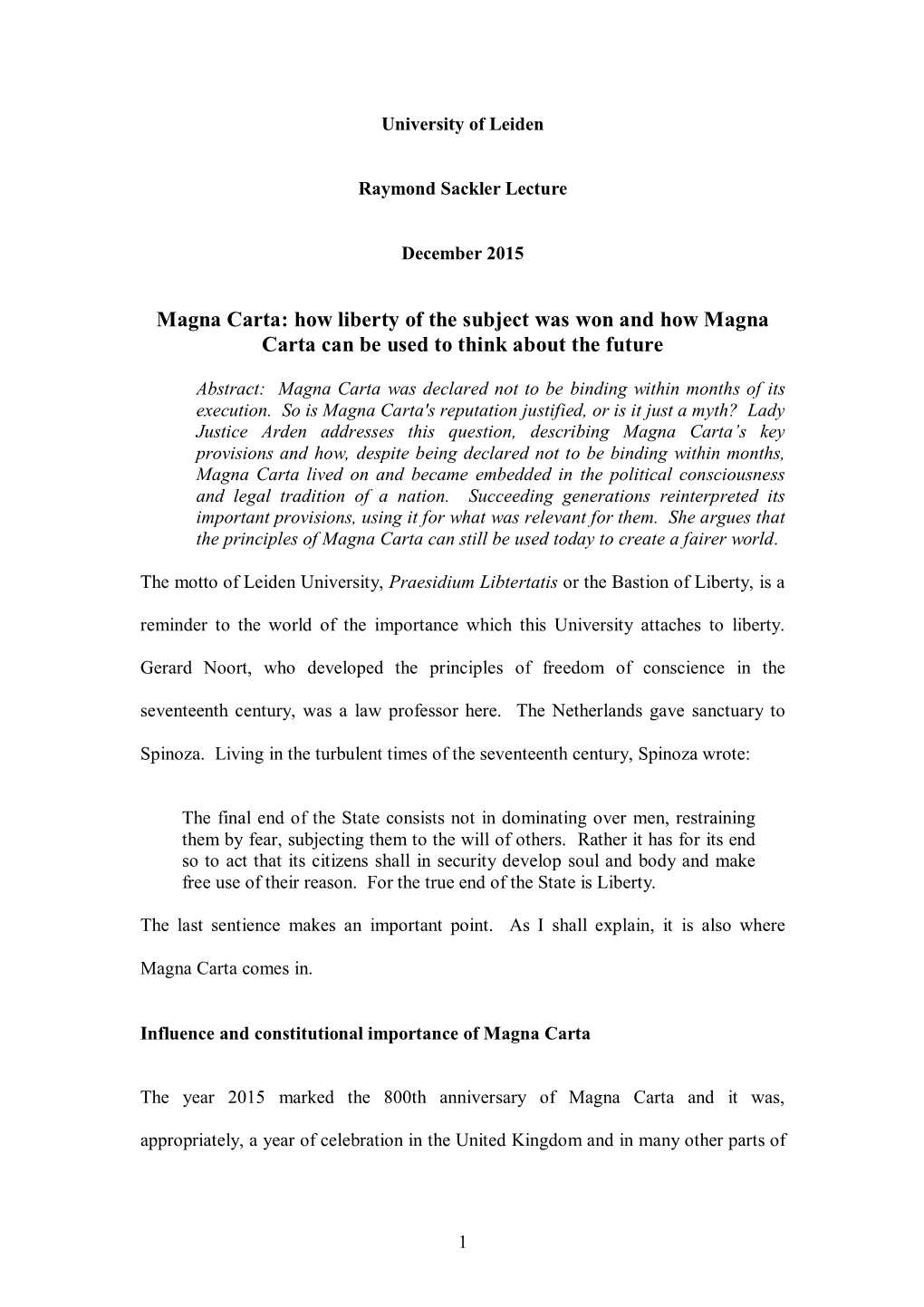 How Liberty of the Subject Was Won and How Magna Carta Can Be Used to Think About the Future