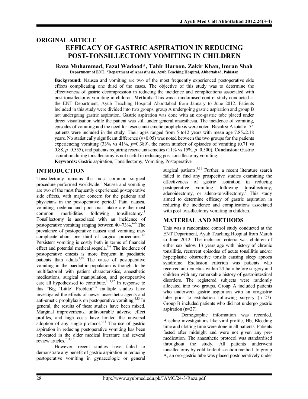 Efficacy of Gastric Aspiration in Reducing Post-Tonsillectomy Vomiting in Children