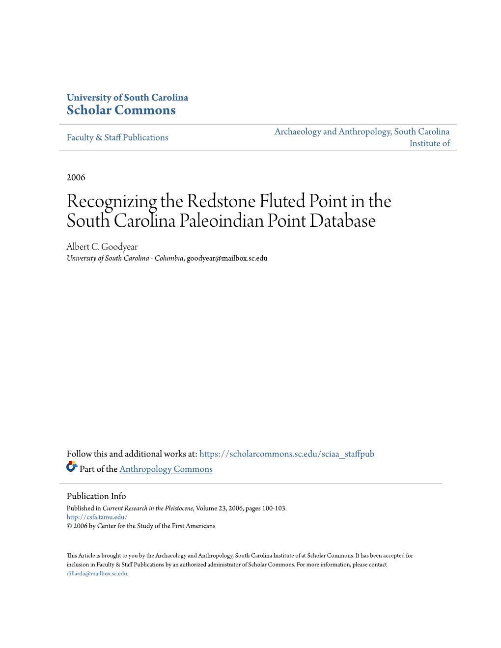 Recognizing the Redstone Fluted Point in the South Carolina Paleoindian Point Database Albert C