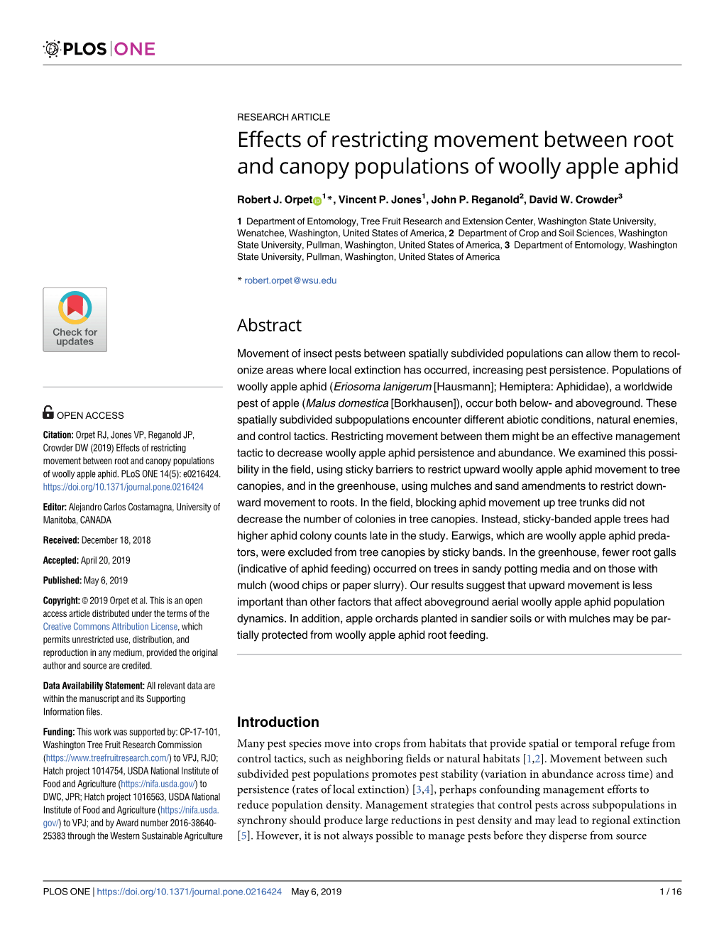 Effects of Restricting Movement Between Root and Canopy Populations of Woolly Apple Aphid