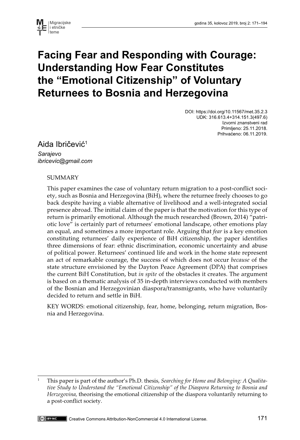 Emotional Citizenship” of Voluntary Returnees to Bosnia and Herzegovina 100