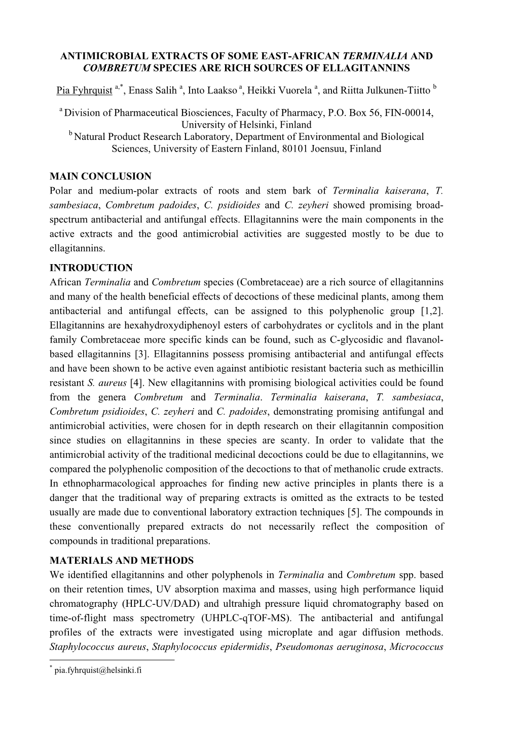 Antimicrobial Extracts of Some East-African Terminalia and Combretum Species Are Rich Sources of Ellagitannins