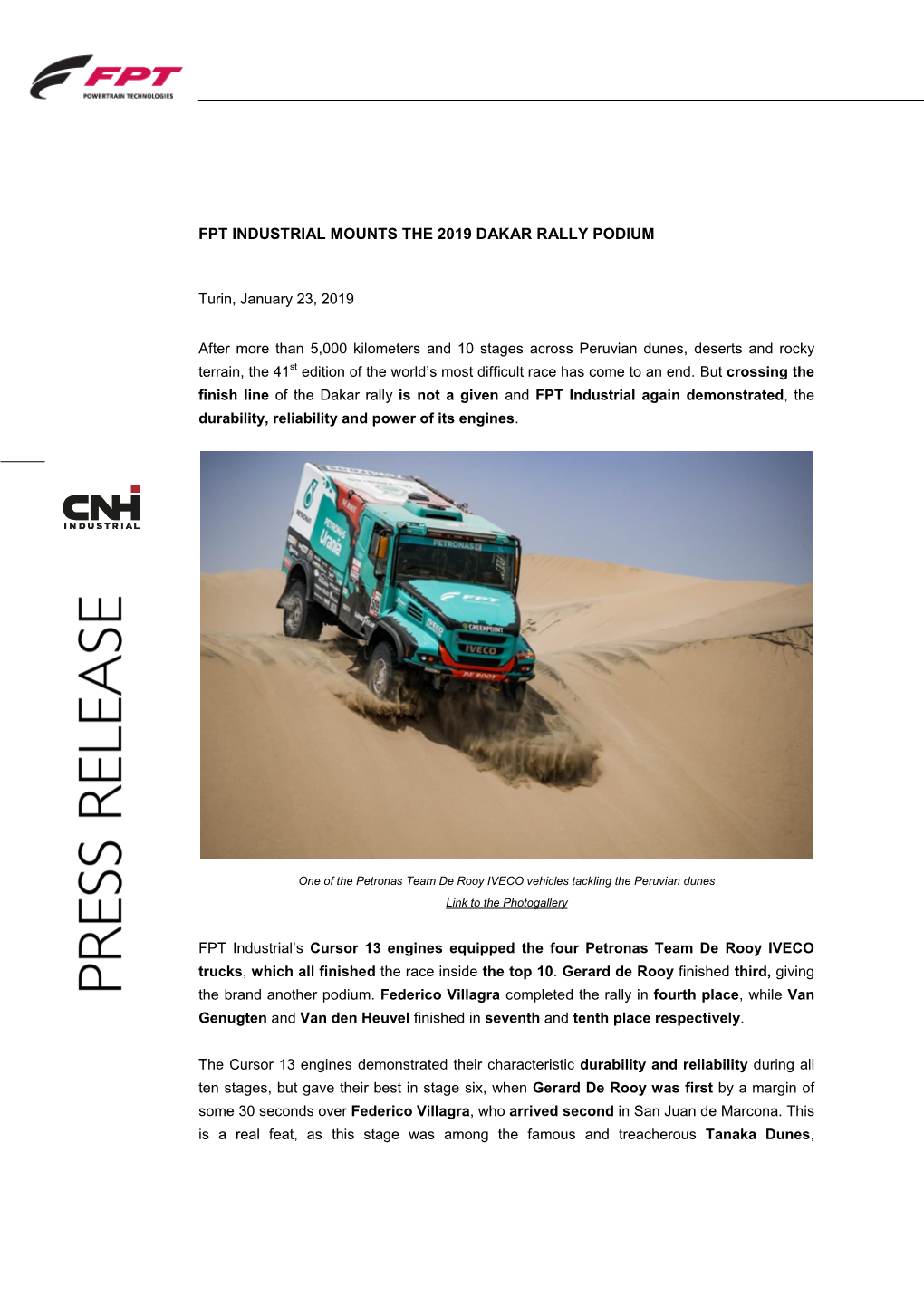 Fpt Industrial Mounts the 2019 Dakar Rally Podium