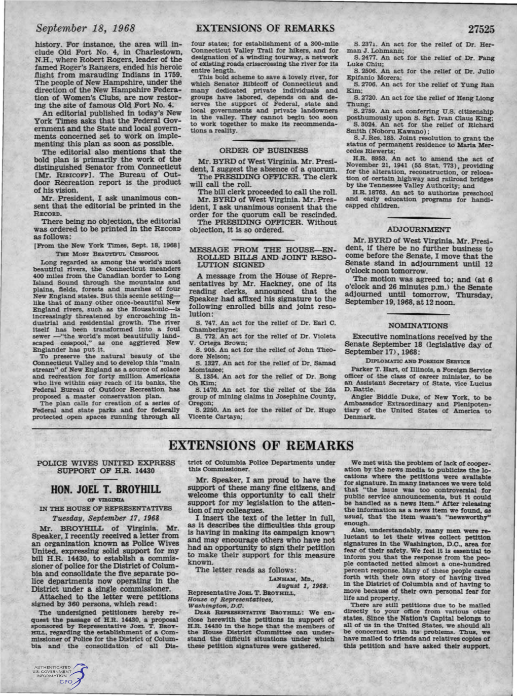 EXTE.NSIONS of REMARKS POLICE WIVES UNITED EXPRESS Trict of Columbia Police Departments Under We Met with the Problem of Lack of Cooper­ SUPPORT of H.R