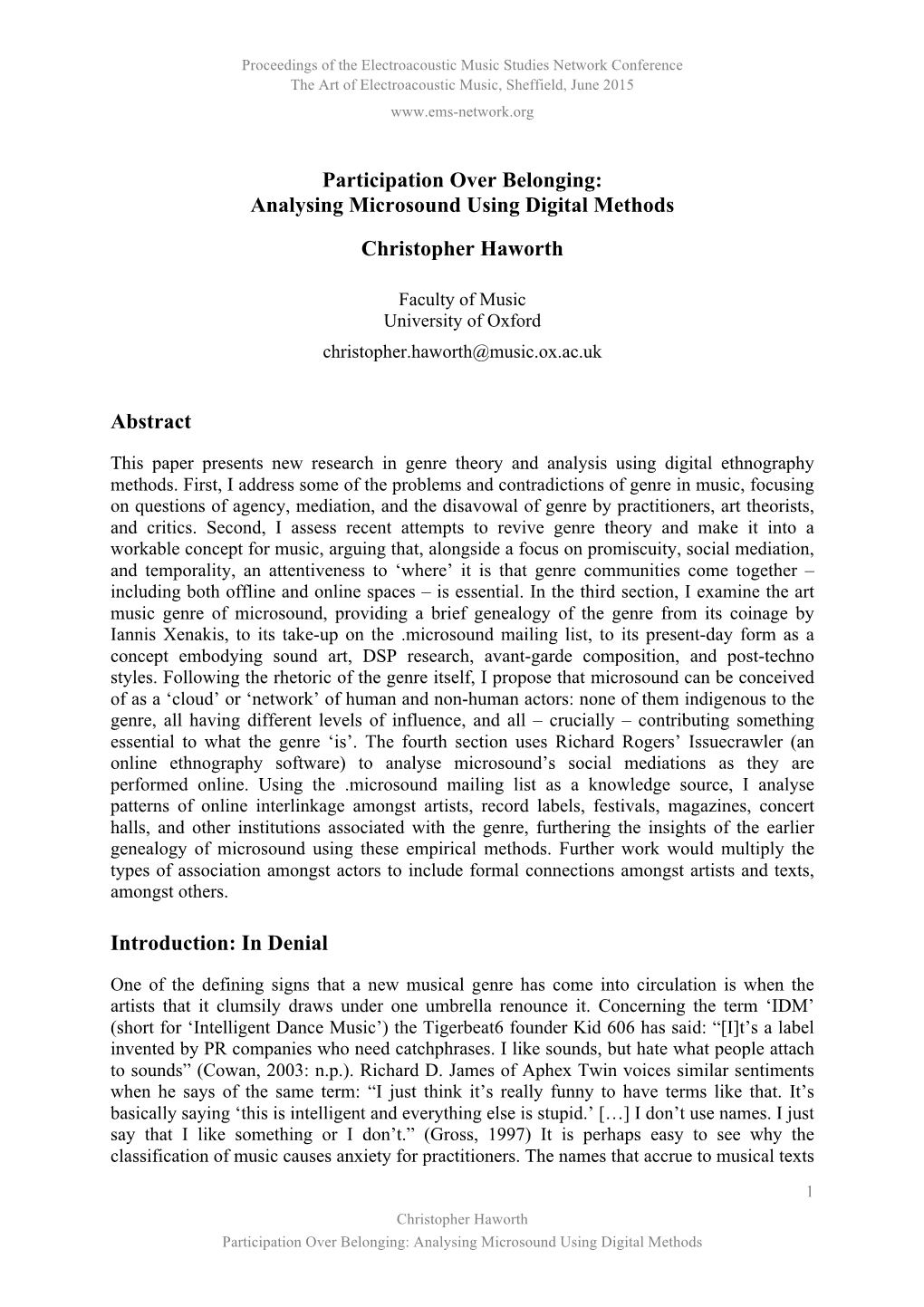 Analysing Microsound Using Digital Methods Christopher Haworth