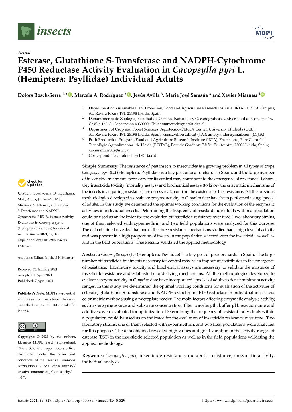 Esterase, Glutathione S-Transferase and NADPH-Cytochrome P450 Reductase Activity Evaluation in Cacopsylla Pyri L