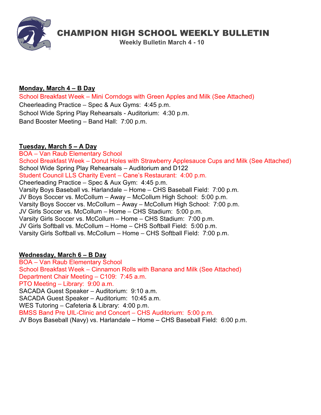 CHAMPION HIGH SCHOOL WEEKLY BULLETIN Weekly Bulletin March 4 - 10