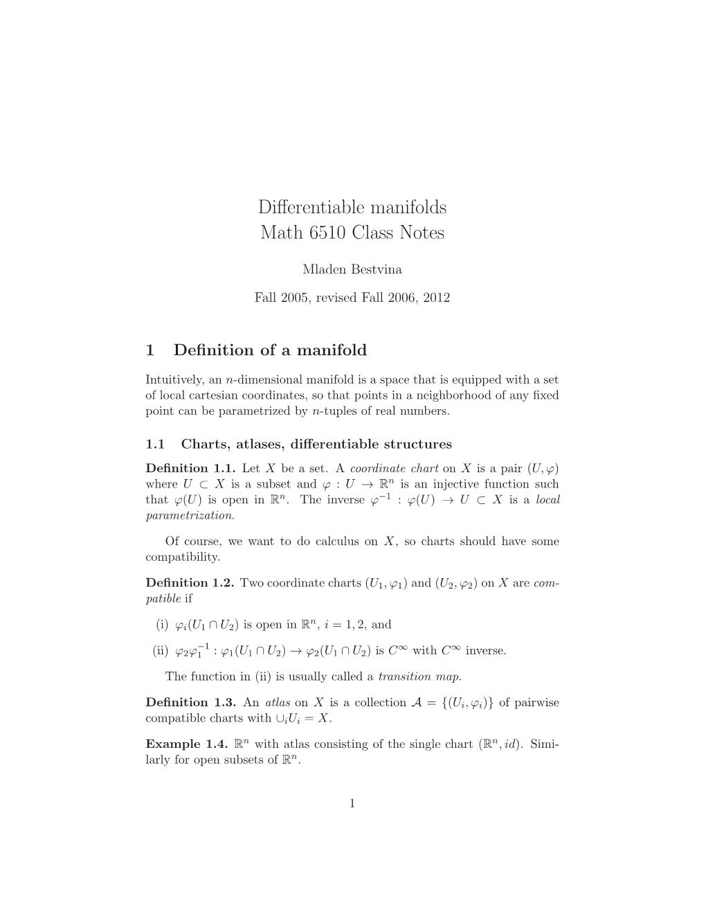 Differentiable Manifolds Math 6510 Class Notes