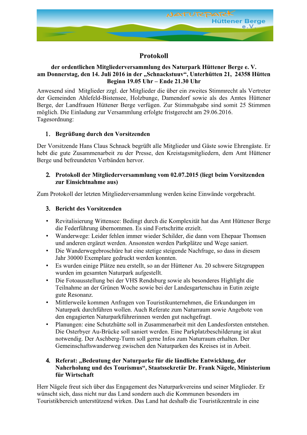 Protokoll Der Ordentlichen Mitgliederversammlung Des Naturpark Hüttener Berge E