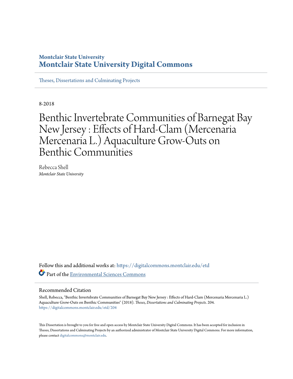 Benthic Invertebrate Communities of Barnegat Bay New Jersey : Effects