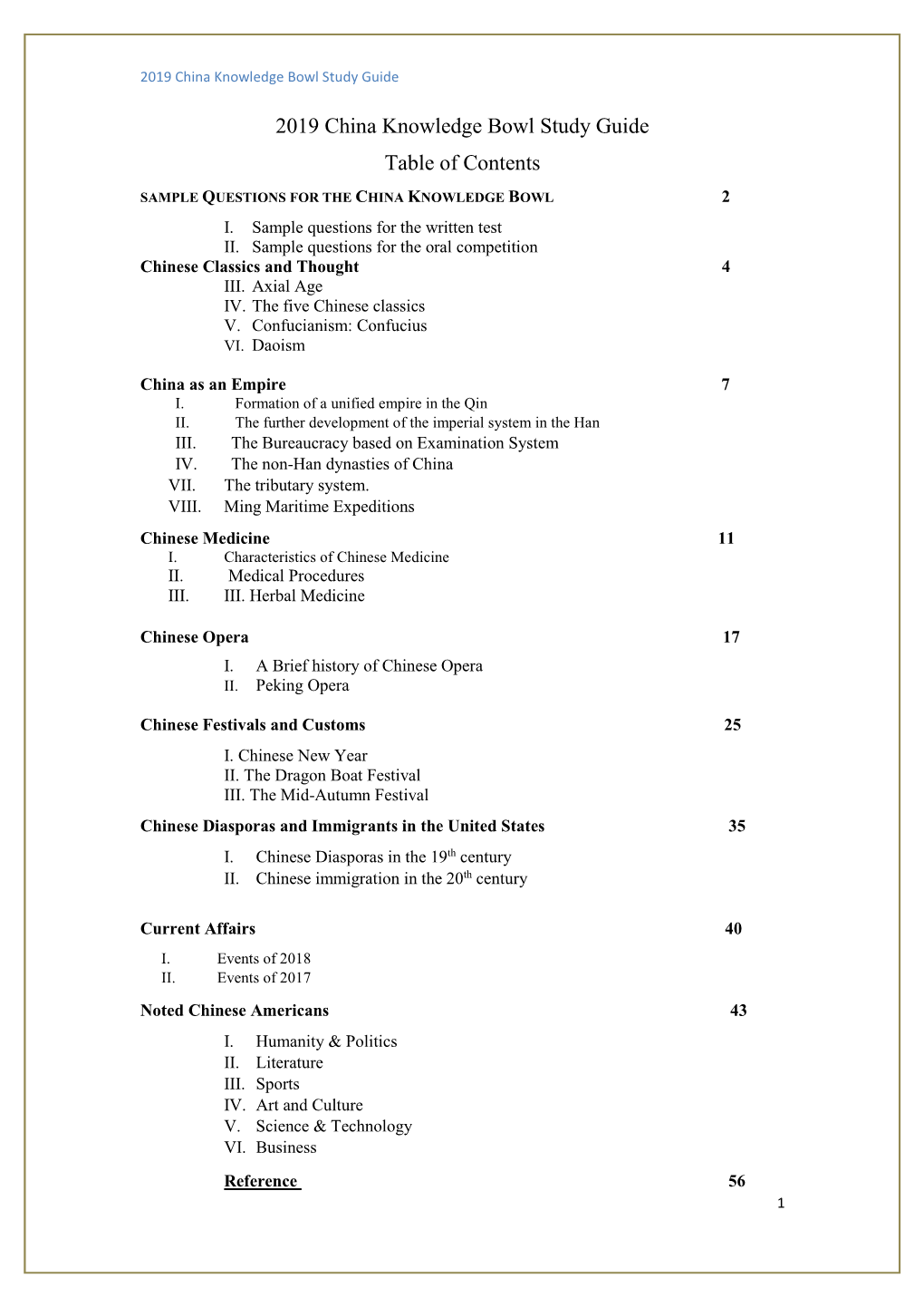 2019 China Knowledge Bowl Study Guide