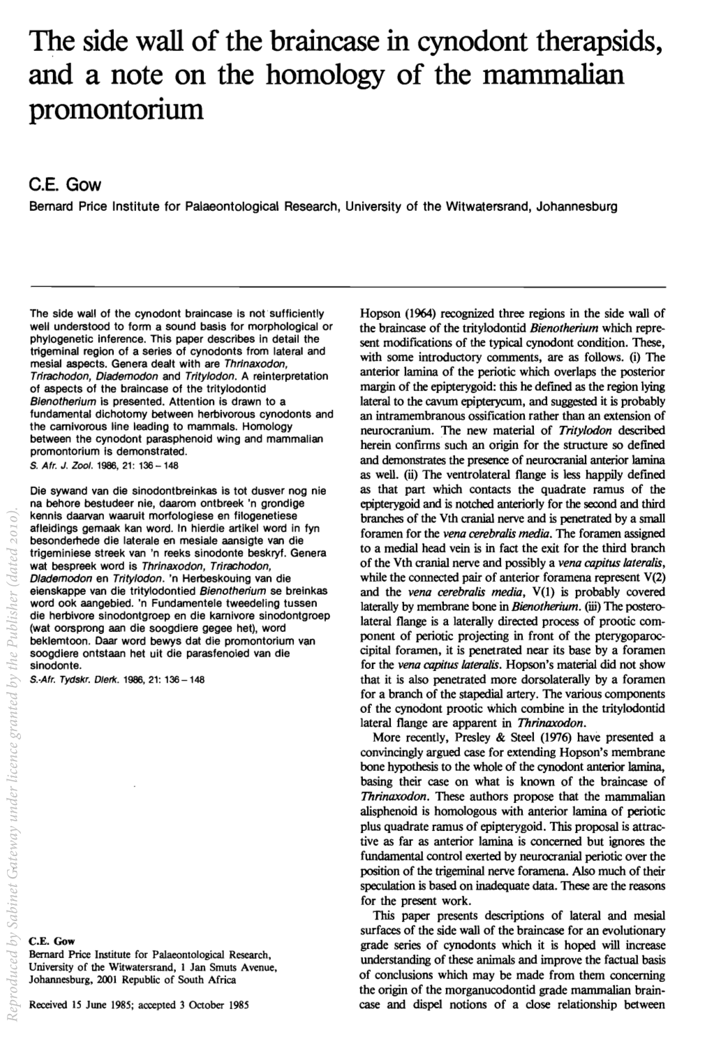 The Side Wall of the Braincase in Cynodont Therapsids, and a Note on the Homology of the Mammalian Promontorium