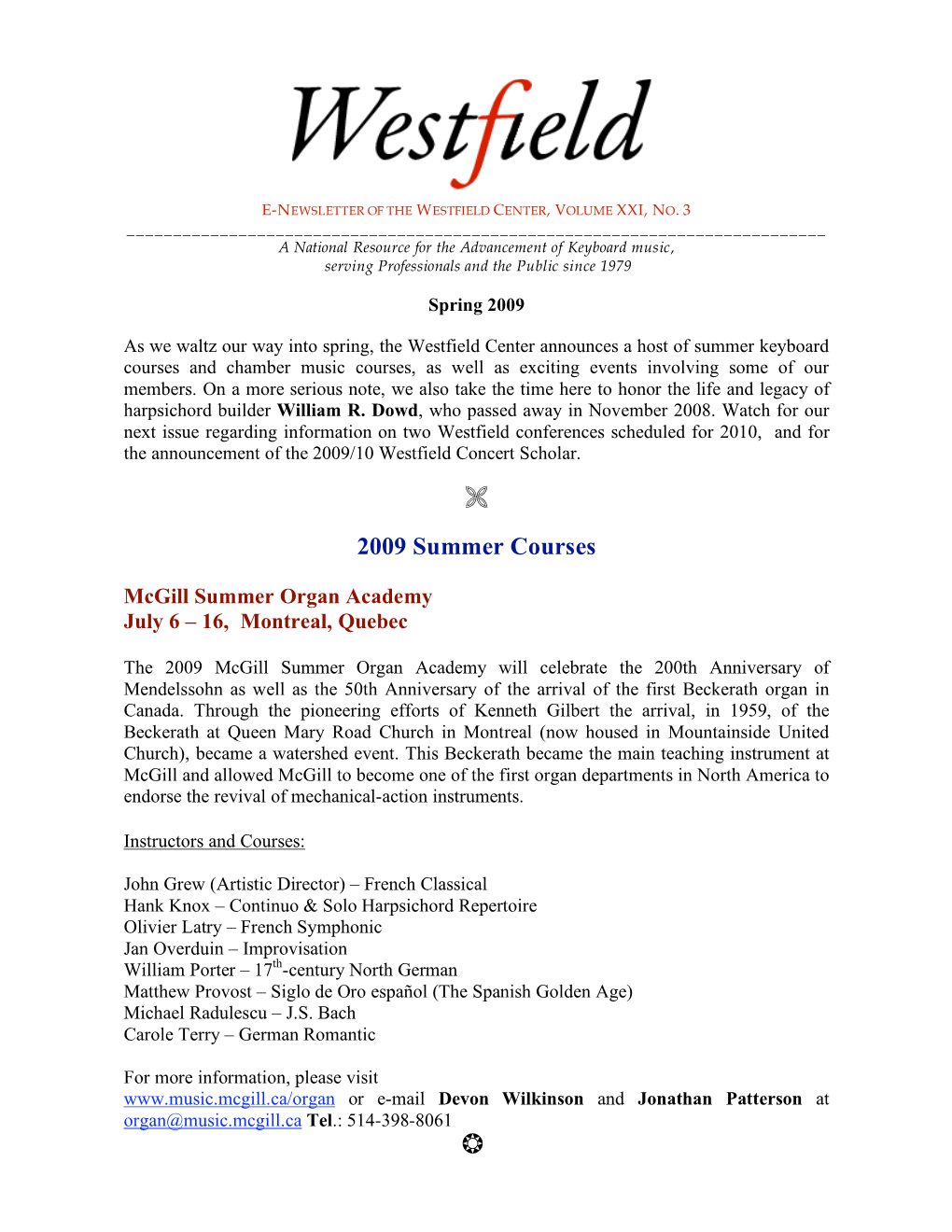 Westfield Newsletter, Vol. XXI, No. 3, Spring 2009