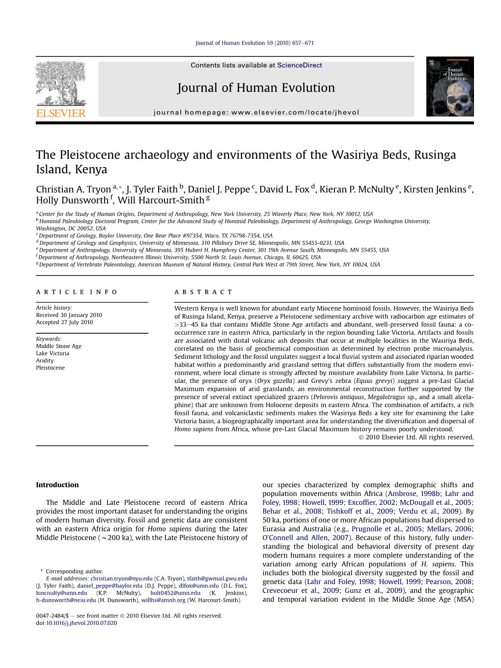 The Pleistocene Archaeology and Environments of the Wasiriya Beds, Rusinga Island, Kenya