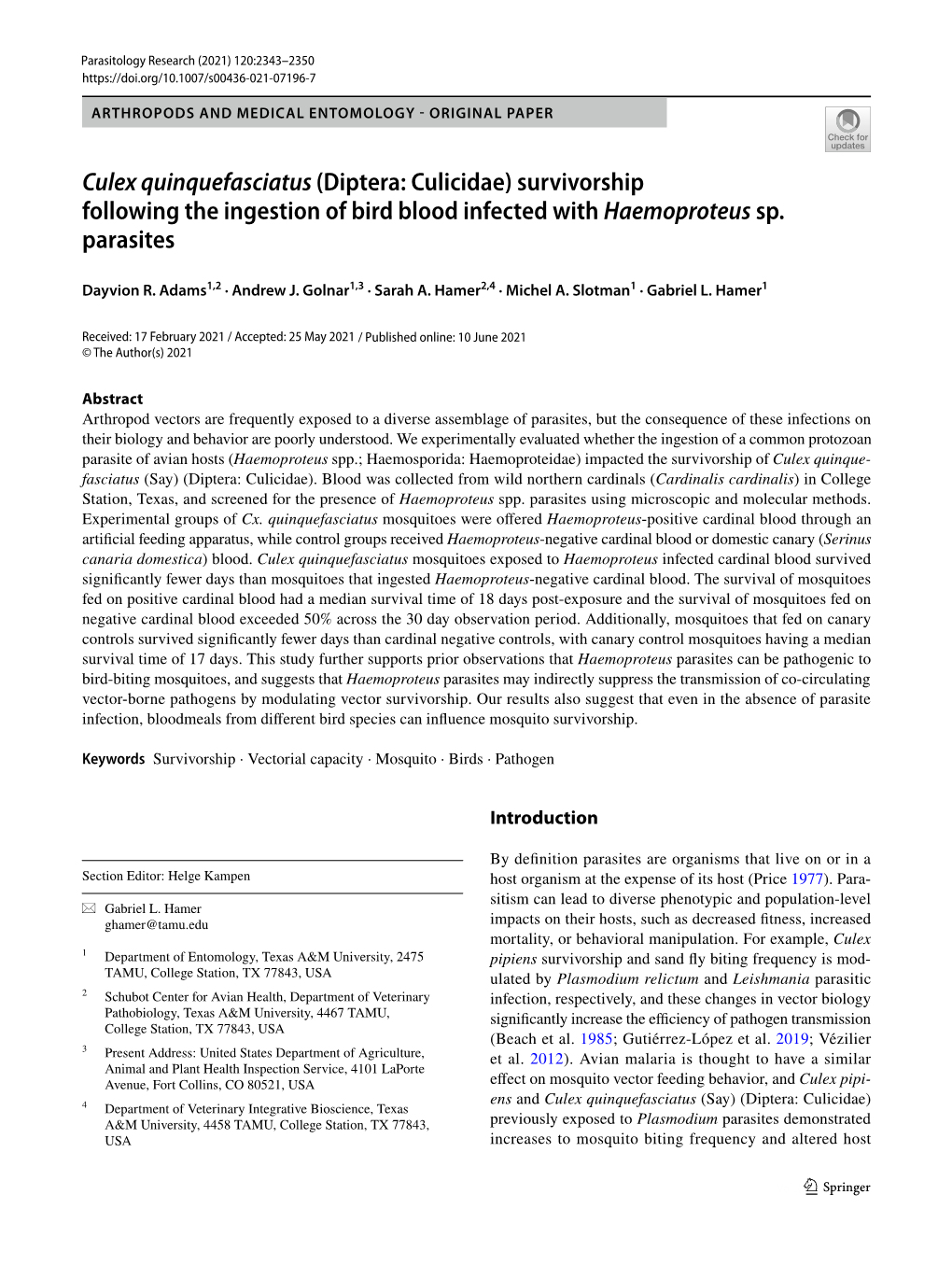 Culex Quinquefasciatus (Diptera: Culicidae) Survivorship Following the Ingestion of Bird Blood Infected with Haemoproteus Sp