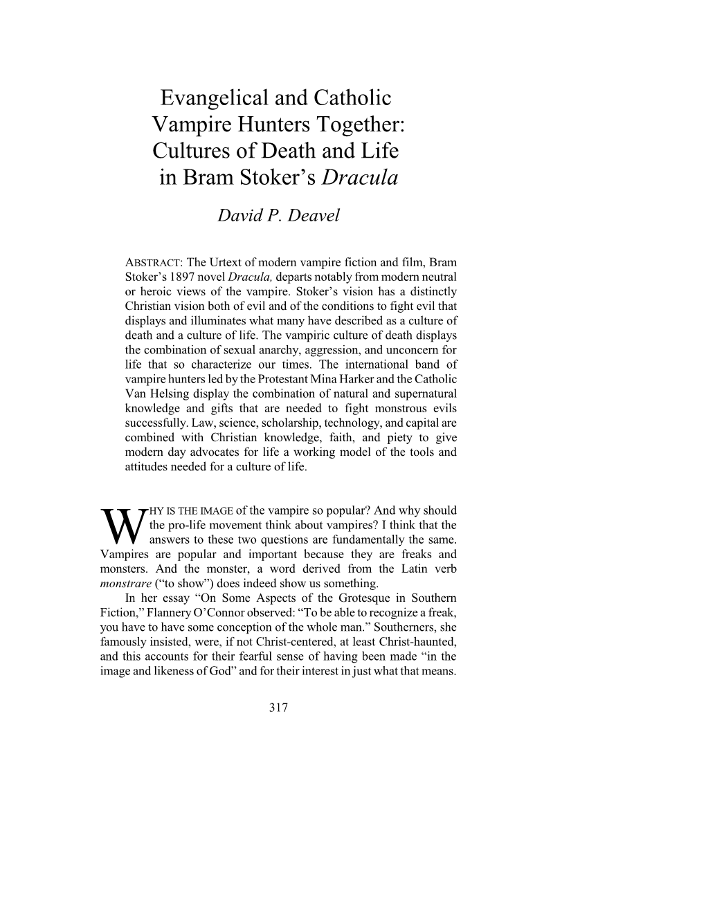 Evangelical and Catholic Vampire Hunters Together: Cultures of Death and Life in Bram Stoker's Dracula