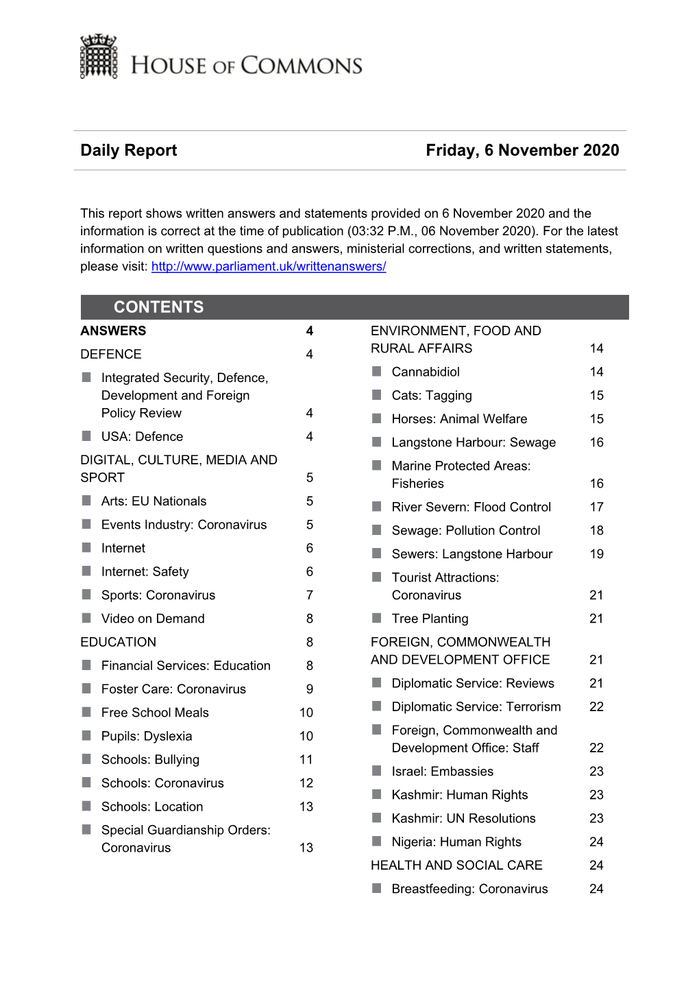 Daily Report Friday, 6 November 2020 CONTENTS