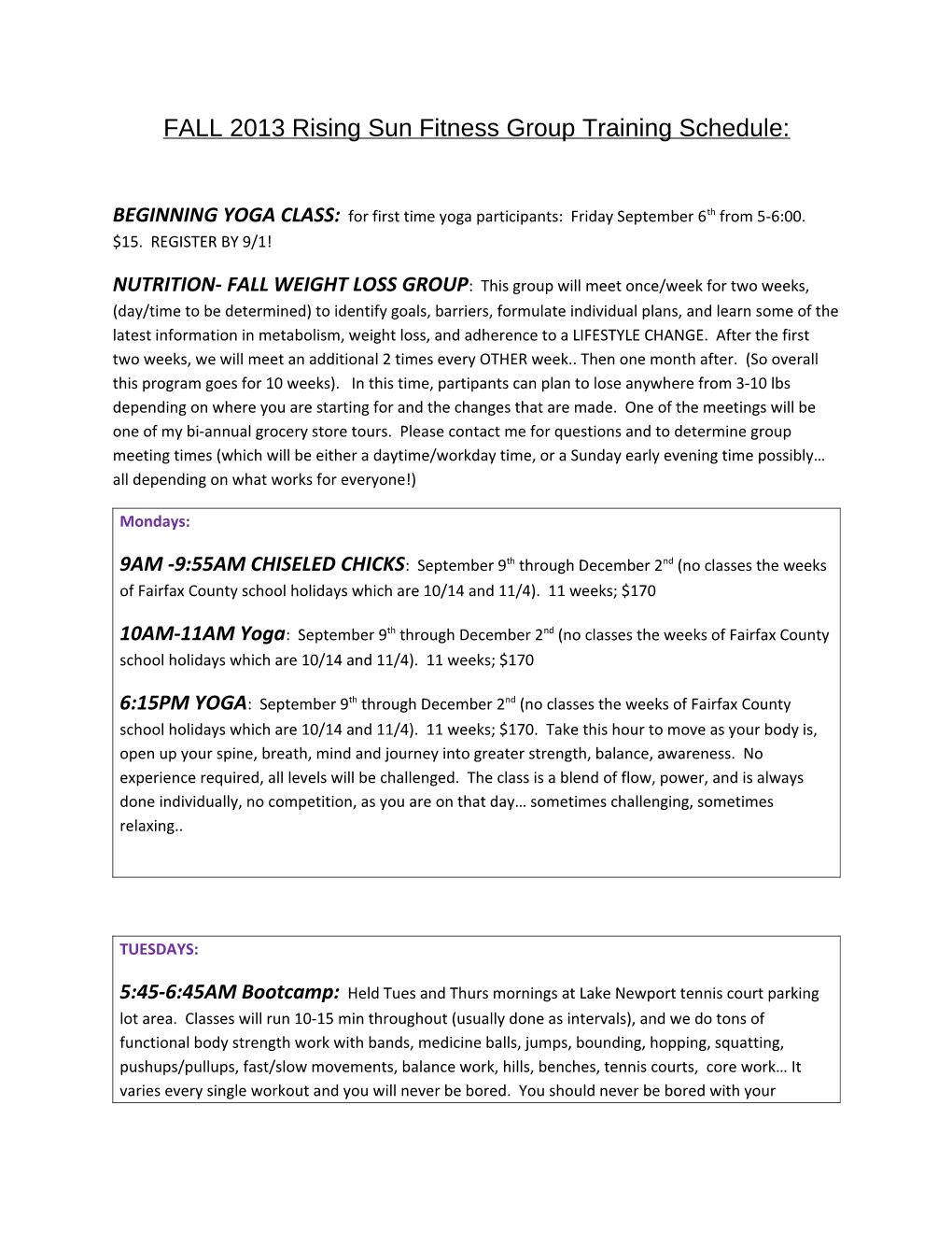 FALL 2013 Rising Sun Fitness Group Training Schedule