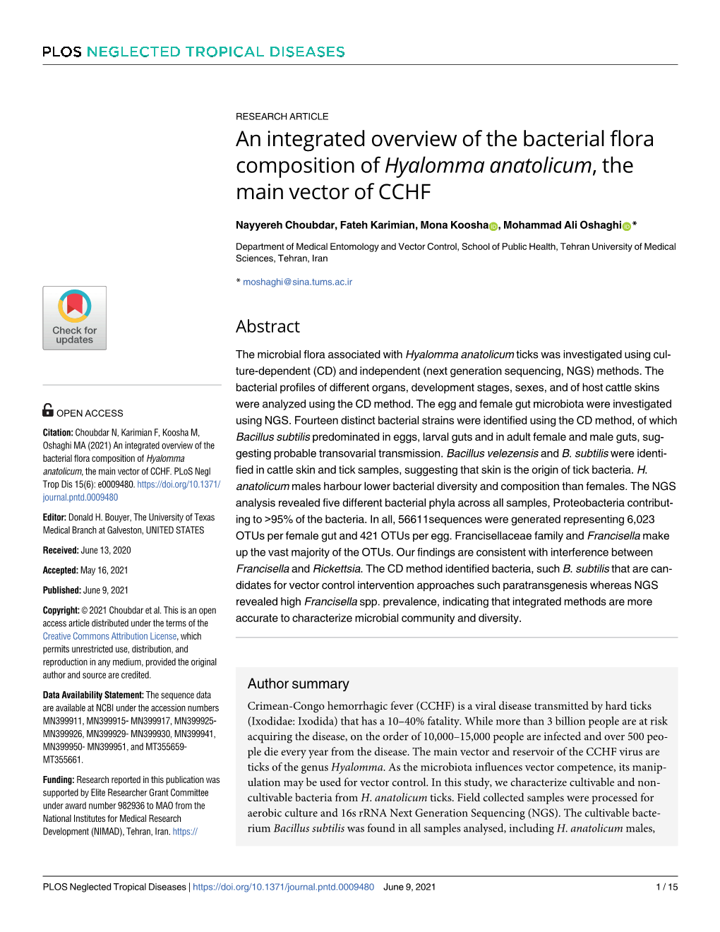 An Integrated Overview of the Bacterial Flora Composition of Hyalomma Anatolicum, the Main Vector of CCHF