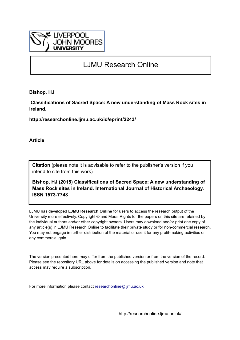 Classifications of Sacred Space. a New Understanding of Mass Rock Sites in Ireland.Pdf