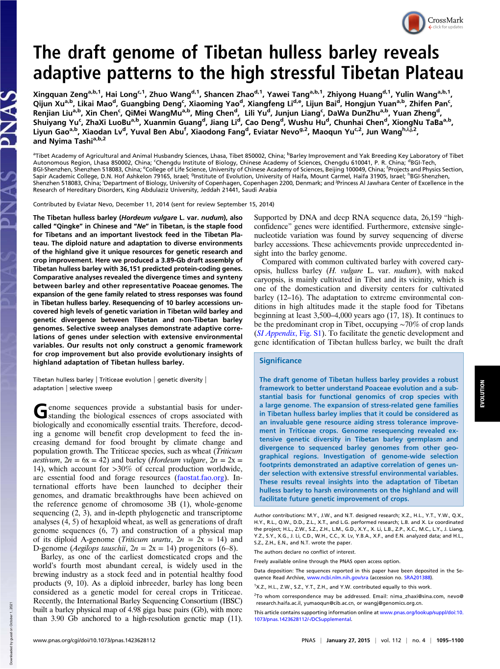 The Draft Genome of Tibetan Hulless Barley Reveals Adaptive Patterns to the High Stressful Tibetan Plateau