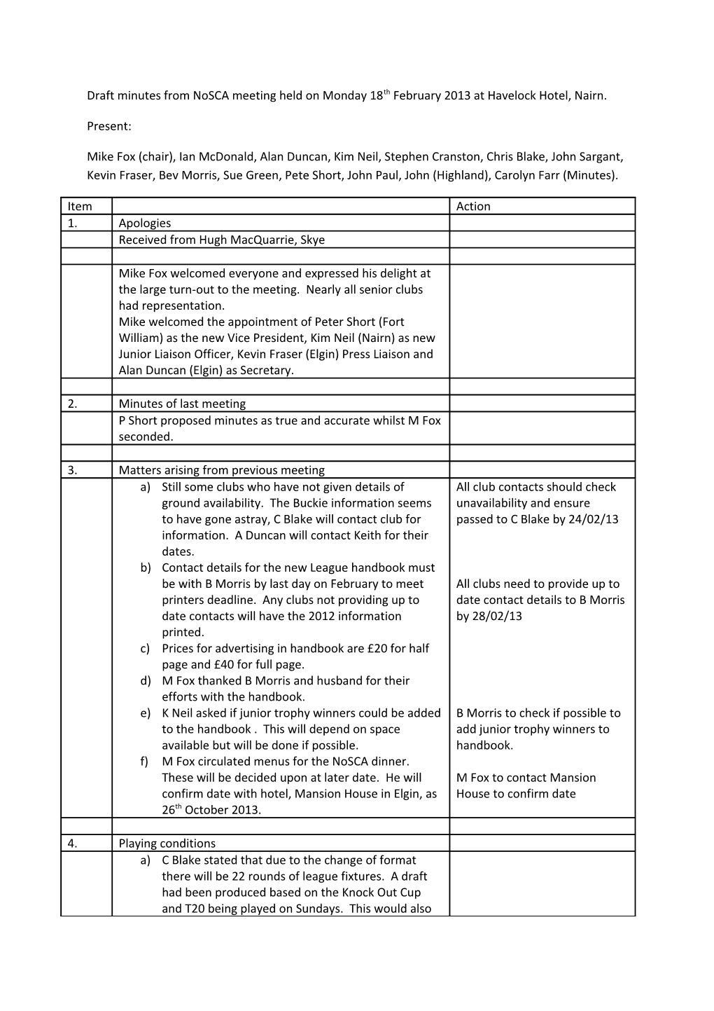 Draft Minutes from Nosca Meeting Held on Monday 18Th February 2013 at Havelock Hotel, Nairn