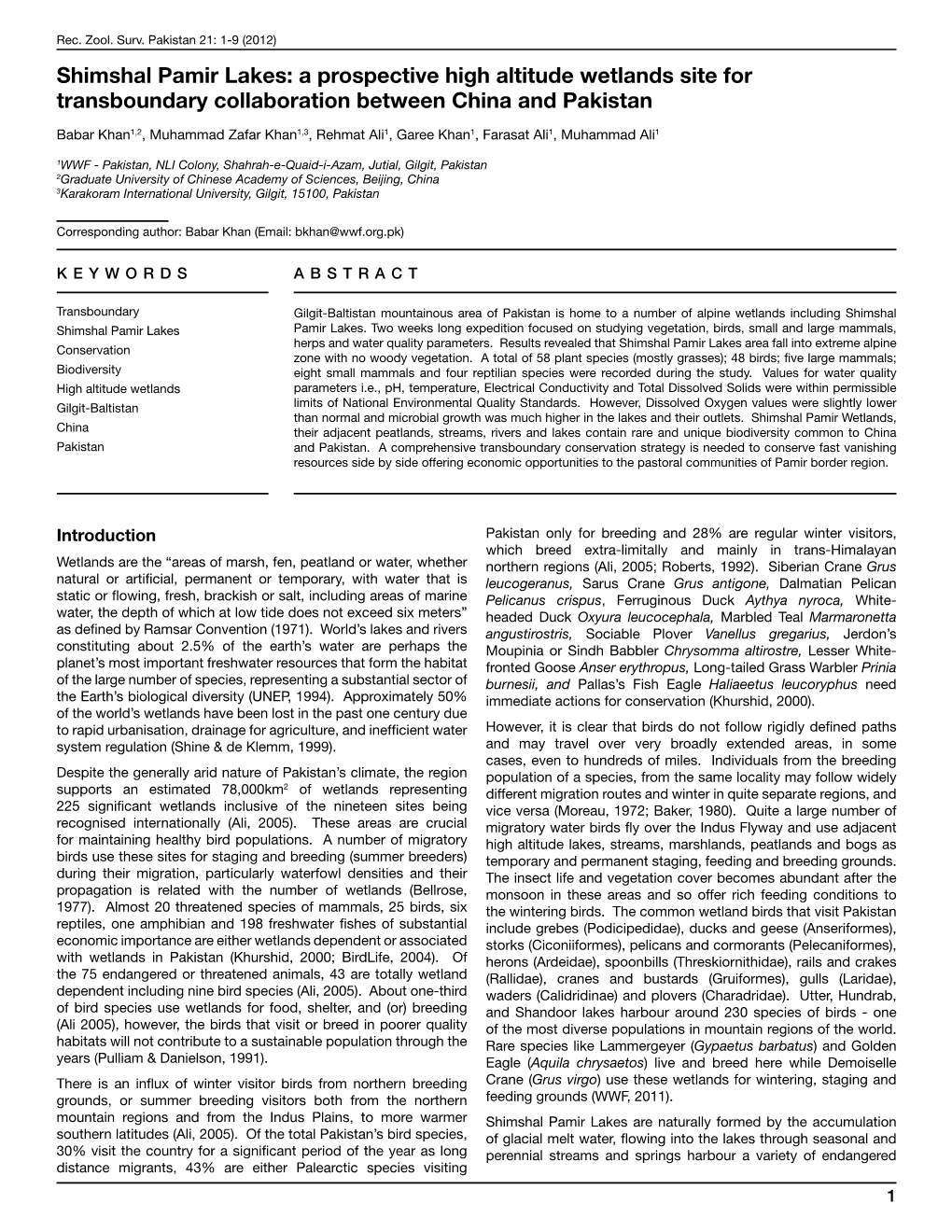 Shimshal Pamir Lakes: a Prospective High Altitude Wetlands Site for Transboundary Collaboration Between China and Pakistan