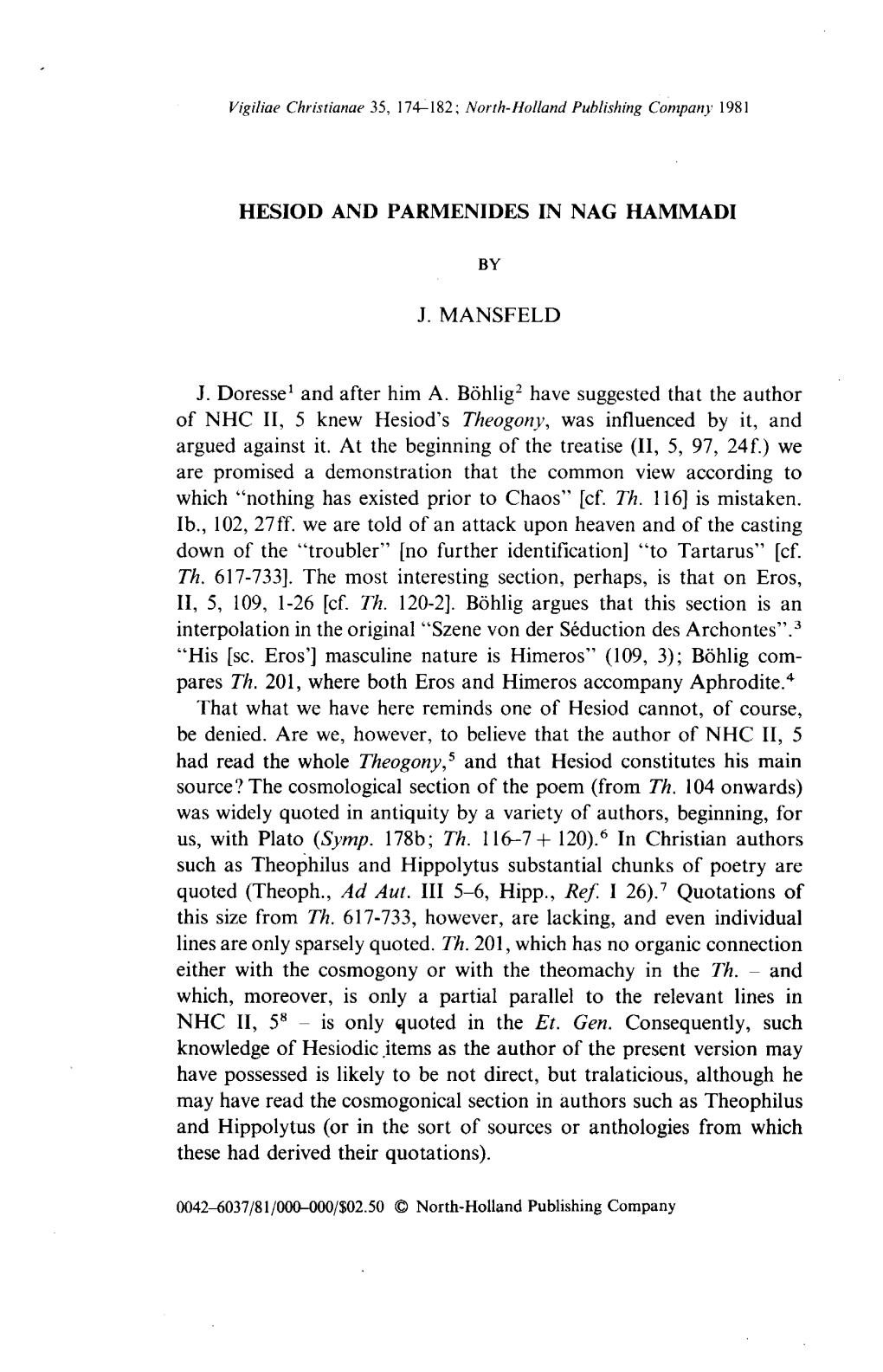 Hesiod and Parmenides in Nag Hammadi by J. Mansfeld J