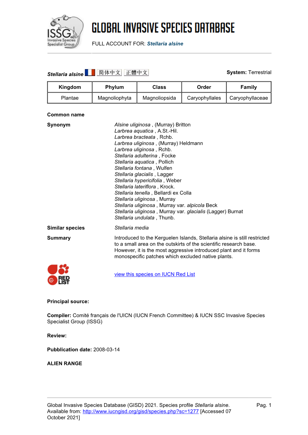 Stellaria Alsine Global Invasive Species Database (GISD)