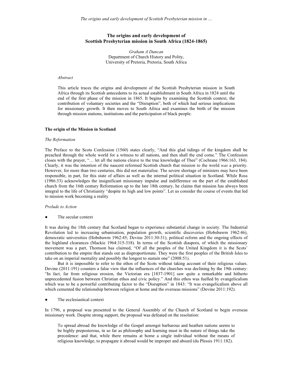 The Origins and Early Development of Scottish Presbyterian Mission in South Africa (1824-1865)