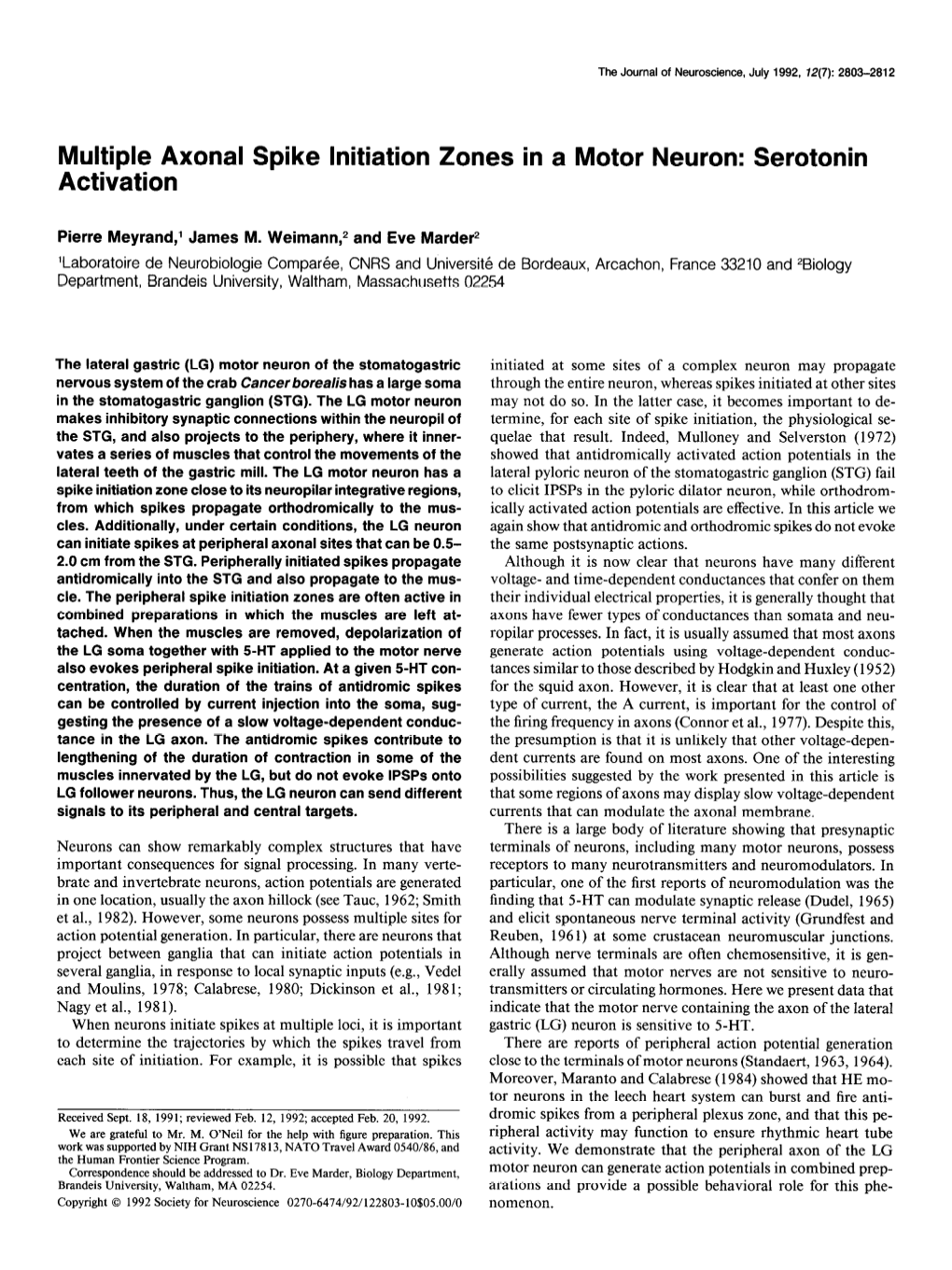 Multiple Axonal Spike Initiation Zones in a Motor Neuron: Serotonin Activation