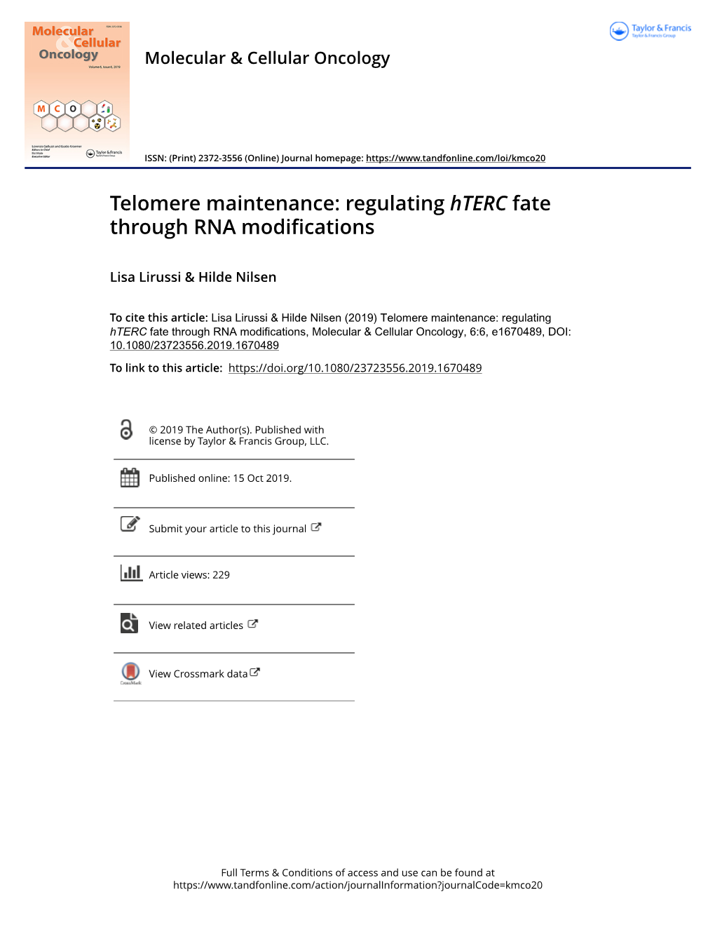 Telomere Maintenance: Regulating Hterc Fate Through RNA Modifications